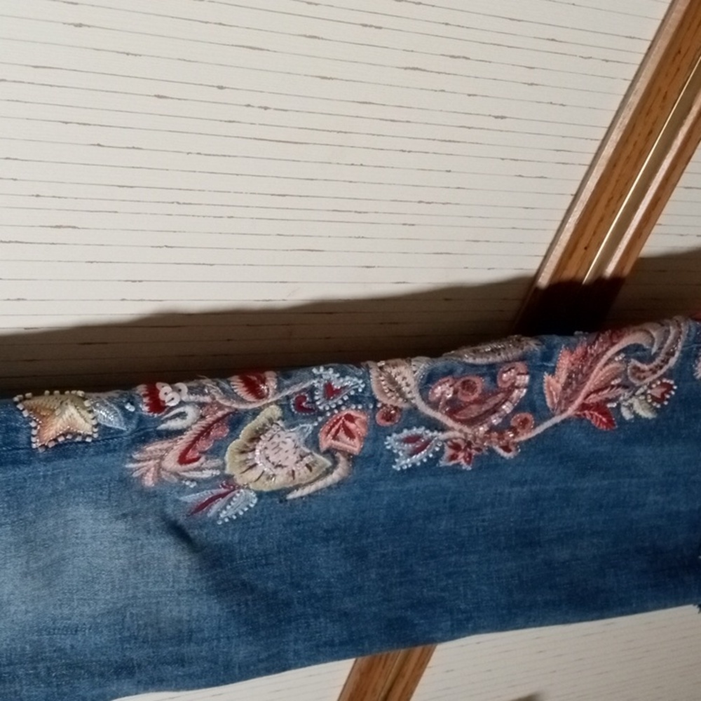 Soft Surroundings Blue Jeans with Floral Embroidery, Festival, Artistic, - Picture 4 of 7